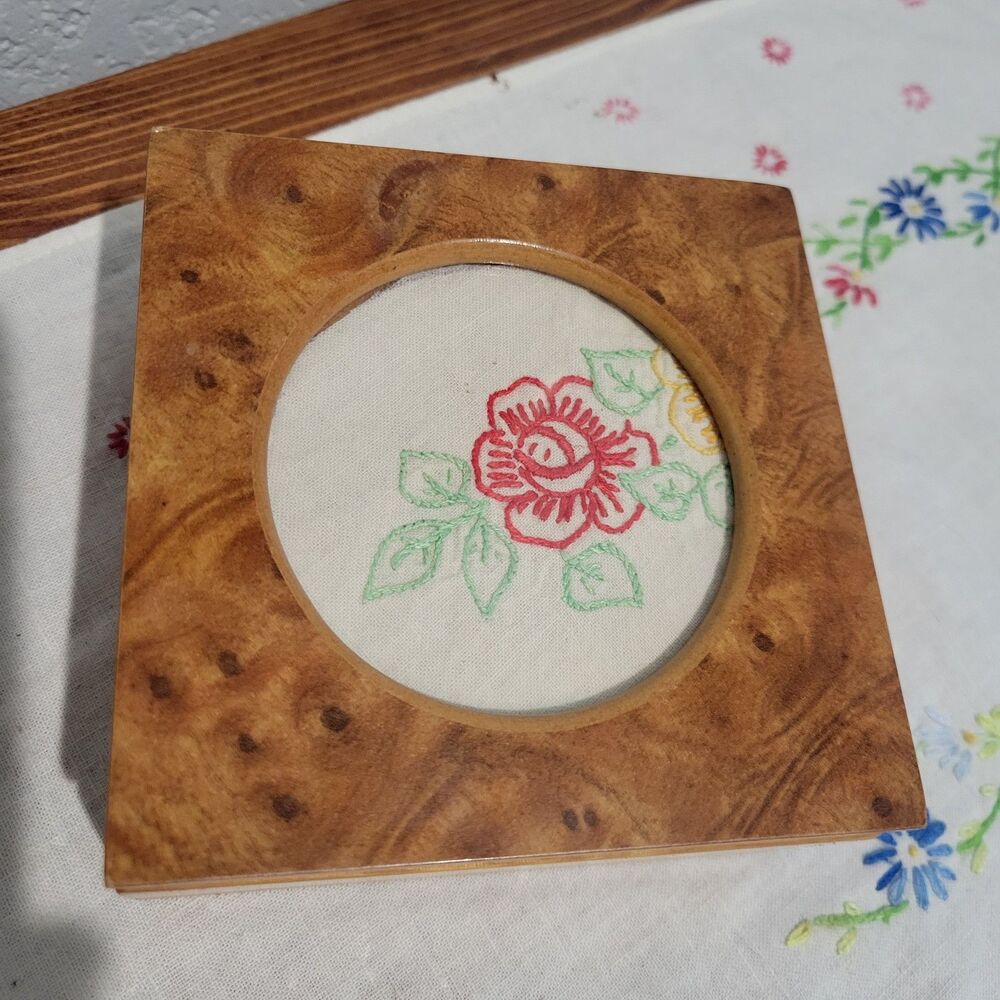 Vintage MELE Burlwood Jewelry Box Peach Velvet Square with Round photo insert